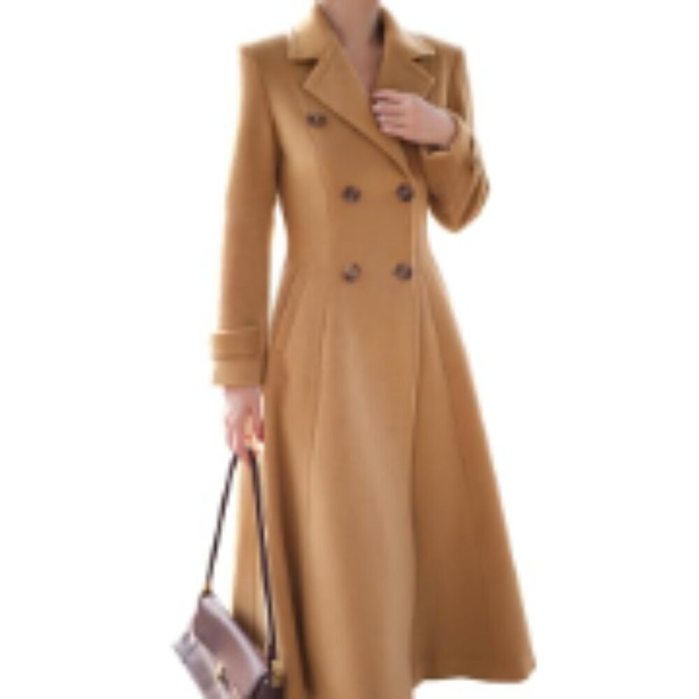 Wool Blend Pea Coat Long Trench Double Breasted Slim Fit Overcoat - Picture 2 of 6